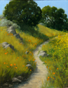 Kathy O'Leary, plein air landscape, landscape,California, hillside, trail, wild flowers, trees, poppies, wild mustard. San Luis Obispo - Landscape Painting