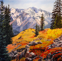 San Juans, Silverton, Colorado, Kathi Eggers, mountains, breathtaking view, autumn, wonderful light, yellow, red, blue, pine trees, landscape - Landscape Painting