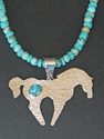 hand fabricated,  sterling silver, stamped & hammered texture, horse pendant set with turquoise, turquoise bead necklace by Judy Osburn - Soldered Metal