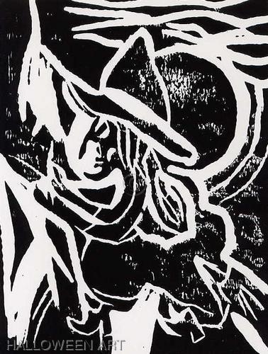Print Making-Figurative-Flying Witch on a Broomstick