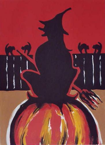 Painting-Figurative-Witch on a Pumpkin
