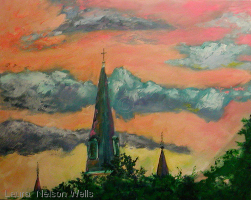 Painting-Oil-Cathedral in Evening Sky