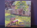 painting of strong sun,painting of a bench,painting of Great Falls Park, - Landscape Painting