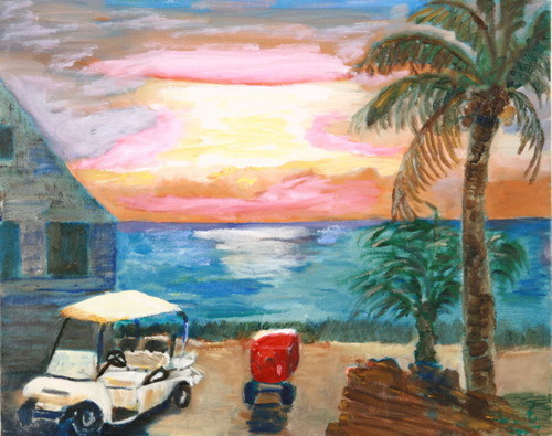 Painting-Oil-Sunrise with Golf Cart