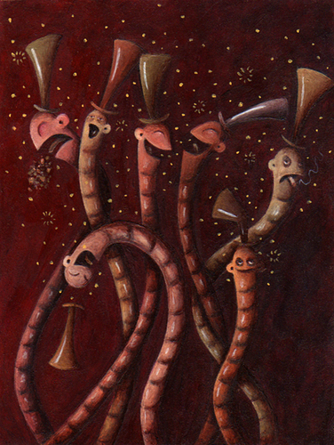 Painting-Acrylic-Drunk Worms with Top Hats