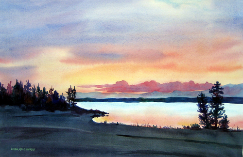 Painting-Watercolor-Lake Yellowstone Sunrise, Yellowstone