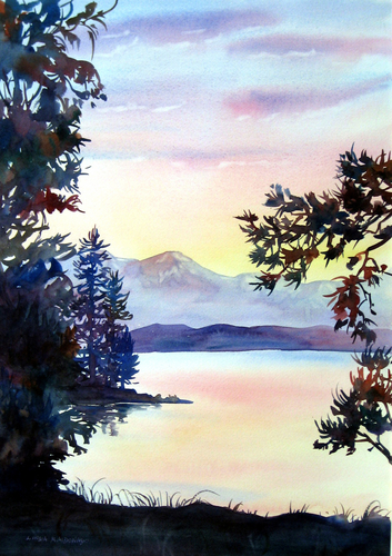 Painting-Watercolor-Rosy Sunrise, Lake Yellowstone