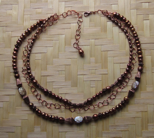  fresh water pearl and copper multi strand  necklace