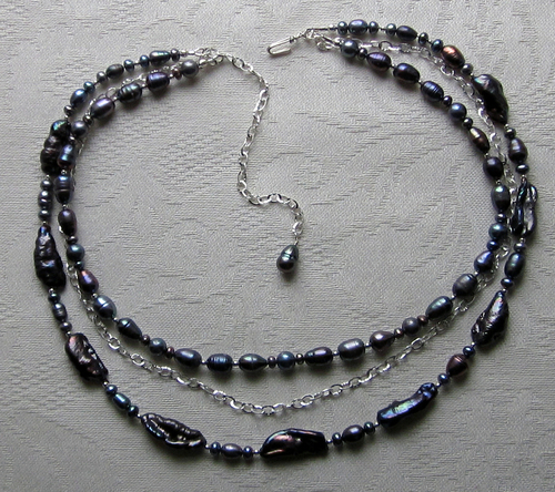 peacock fresh water pearl and sterling silver multi strand  necklace
