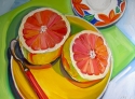 Marsha Zavez, Oil painting, still life, grapefruit, pink grapefruit,  sliced fruit, yellow plate, lime green,  - Still Life Painting