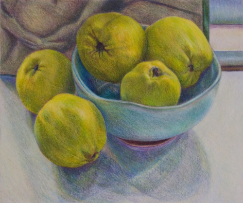 Drawing-Colored pencil-Quinces in Blue Bowl