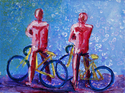 Figurative Painting - Bikers - pink w/ blue background