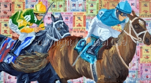 vintage betting tickets on canvas with the horse racing painted in oil (thumbnail)
