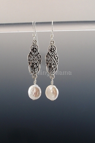 Jewelry-Earrings-MME255-Silver link & coin pearls