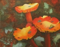 Marcy Lansman - Botanical Painting Marcy Lansman, Chapel Hill, North Carolina, acrylic, mushrooms, red, red mushrooms, fungus, snail, snail on mushroom - Botanical Painting