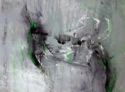 This is an original,abstract acrylic painting by Mary Lea Bradley. Black and white lines of paint flow across a textured background in shades of gray while emerald green accents add interest. (thumbnail)