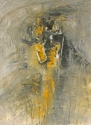 This is an original abstract acrylic painting by Mary Lea Bradley. Structural elements in olive green and golden yellow paint form in the center of a textured, liquid background.
 (thumbnail)
