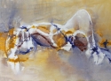 This is an original abstract acrylic painting by Mary Lea Bradley. Lines of paint in ivory, eggplant and mustard intertwine and flow across a subtle pastel  background while brick red accents add interest.
 (thumbnail)