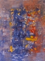 This is an original abstract acrylic painting by Mary Lea Bradley, The colors are mustard yellow, dark eggplant and terra cotta. (thumbnail)