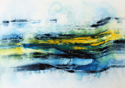 This is an original abstract acrylic painting by Mary Lea Bradley. White lines of paint combine with sapphire blue and billiard table green as they flow across a white background. Golden yellow accents add interest.
 (thumbnail)