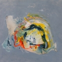 Original abstract acrylic painting by Mary Lea Bradley. The colors include driftwood gray, orange, teal and yellow. (thumbnail)