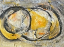 In this abstract painting a pattern of loosely painted black circles flows horizontally over the textured background of driftwood gray and ivory. Triagular shapes of dandelion yellow with tangarine accents add interest.  (thumbnail)