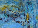 In this abstract painting lines of black paint storm and spiral across a textured background in shades of blue and aqua. Golden yellow accents add interest. (thumbnail)