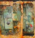 mary ann lehrer - Non-representational Mixed Media banner, acrylic, fabric collage, wax thread, wait station, - Non-representational Mixed Media