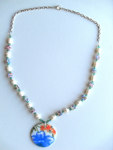 Blue and Orange Flowers with Pearls and Squares