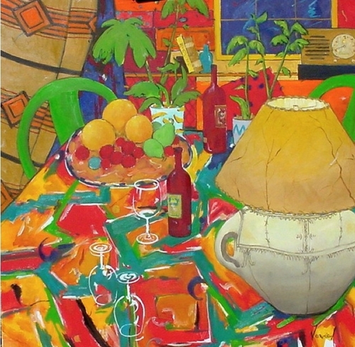 Painting-Still Life-still life with African water jug lamp