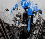 Neo Kirby - Figurative Drawing The Earth, the mission of angels, soldiers, ink, drawing on paper, unseen forces at work in the world, blue, figurative, ecology, caring for the planet, helpers, angelic forces at work in the world, things unseen, Neo, Neo Kirby, new techniques in ink - Figurative Drawing