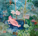 Nina Evans, painting,  watercolor, Rousseau, pigs, pastiche, parody, jungle  - Fantasy Painting