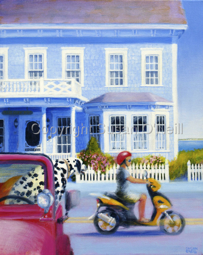 Painting-Animals-Dog In A Pink Jeep