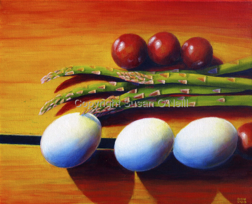 Painting-Still Life-Eggs, Asparagus, and Tomatoes