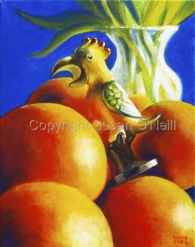 Painting-Still Life-Bottle Bird Sings On The Oranges