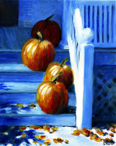 Painting-Still Life-Pumpkins On Blue Steps