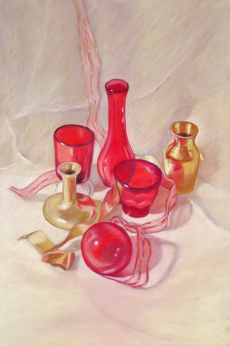 Painting-Still Life-Brass, Ribbon, and Red Glass