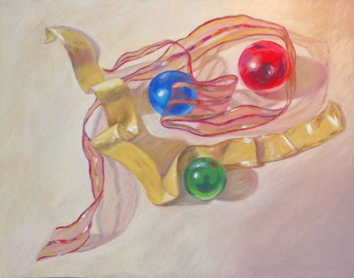 Painting-Still Life-Ribbons and Christmas Balls