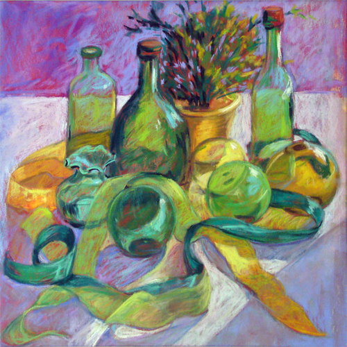 Painting-Still Life-Green Bottles and Glass Globes