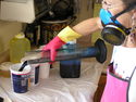 Fiber Art--Wall HangingPouring measured dye solution.