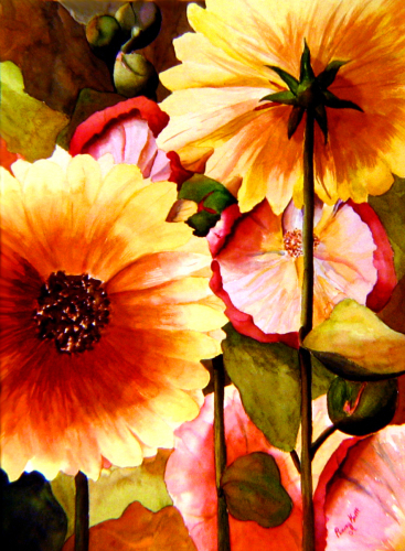 Painting-Floral-Sunflowers and Hollyhocks
