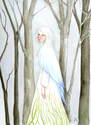 hope, fantasy, symbol, blue bird, dress, grass, trees, winter, woods - Figurative Painting