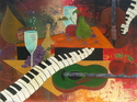 Eric Rabbers,Musical,Mixed Media,Acrylic,on Wood,contemporary,bottle,bubbles,wine glass,guitar,horn,apples,strings,violin,blend,meld. - Surrealism Painting