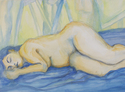 �racheli �,�hilai�, �Israel� ,�New�, �Jersey�, �Tenafly�, �Bergen�, �paintings�, �paper�,�water ,colors�,  �figurative�, �conceptual�, �contemporary�, רחלי הילאי,קציר,ציור,צבעי מים,ערום,אשה ישנה,כחול,צהוב,נייר,2004,דמות,שוכבת,תנומה, - Figurative Painting