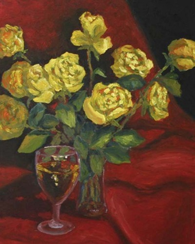 Painting-Floral-Yellow Roses with Glass of Chardonnay
