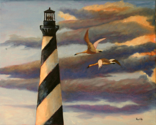 Painting-Hatteras Lighthouse with Tundra Swans