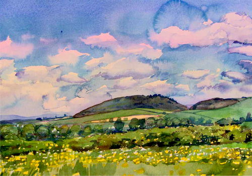 Painting-Landscape-Blue Sky, Pink Clouds, Yellow Flowers