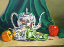Painting--Oil-Still LifeSilver Tea Set and Peppers