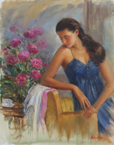 Painting-Oil-Woman with Pink Flowers