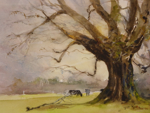 Painting-Landscape-Morning Mist with Cows